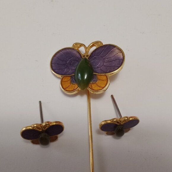 Vintage Butterfly Brooch & Stud Earrings Set Purple Enamel Gold Tone Green Stone - Picture 3 of 4